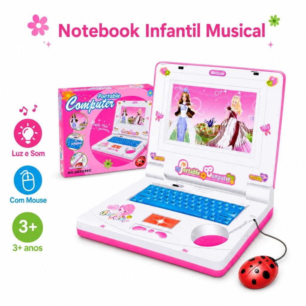 Laptop Infantil Rosa Notebook de Brinquedo com Mouse Som Luz Música Criança Menina 3 Anos
