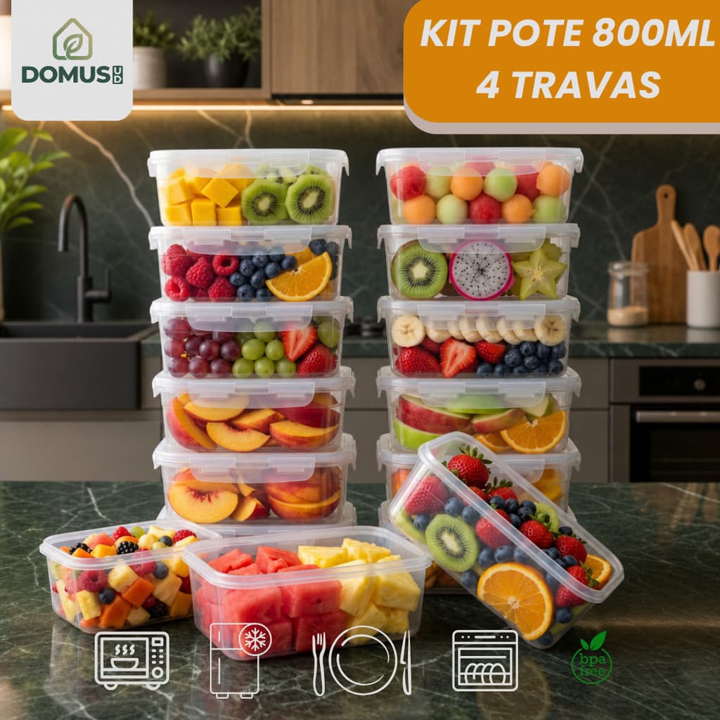 Kit Conjunto Potes Marmitas 800ml com 4 Travas Herméticas Transparente Reutilizáveis BPA Free