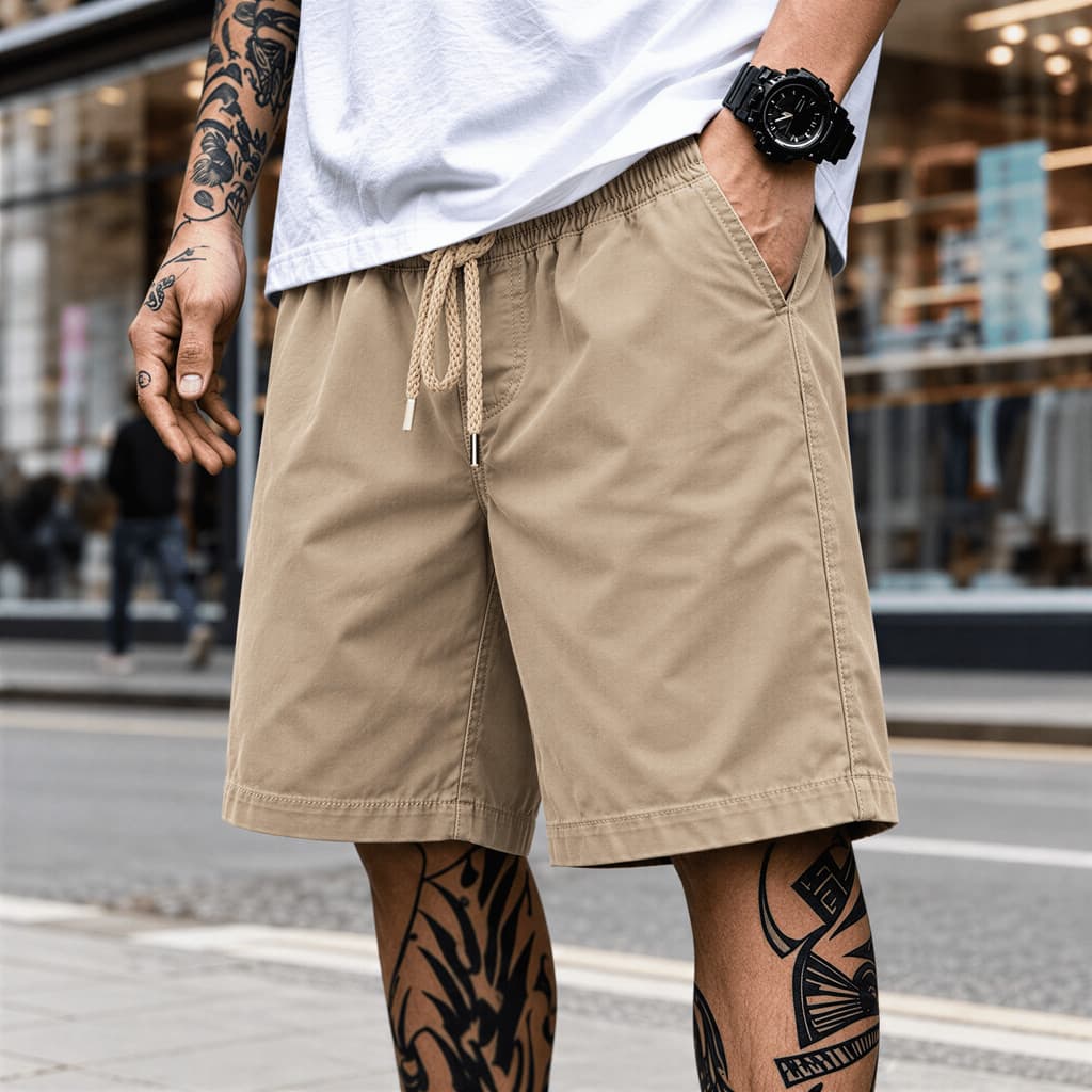Bermuda Sarja Masculina Casual Reta Bolsos Cós Elástico Verão Dia a Dia Trabalho Passeio Brim Comfort Premium