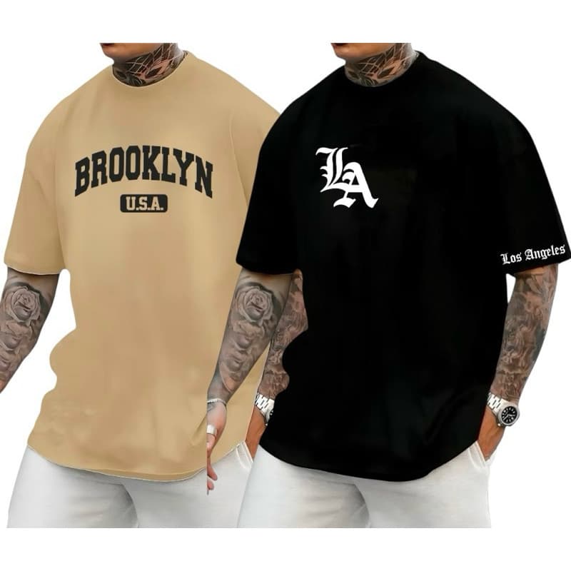 Kit 2 Camiseta básica  Masculina Los Angeles Brooklyn 100% Algodão plus size G1-G2-G3