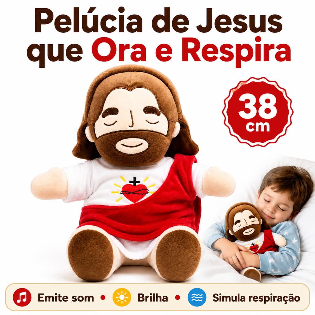 Boneco Jesus de Pelúcia que Respira Brilha e Toca Música 38cm Brinquedo Infantil para Bebê e Criança Dormir