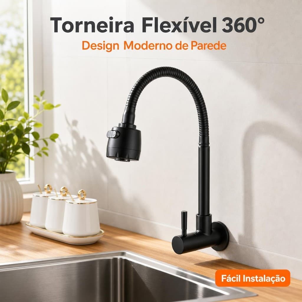 Torneira Inox  Prata/Preto Com Chuveiro Com Rotação De 360° Cozinha Luxo Parede Promoção