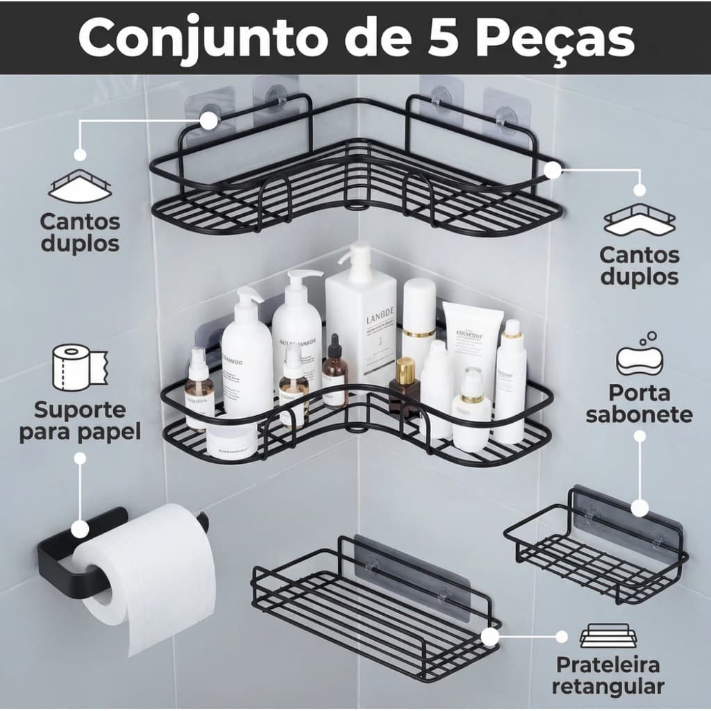 Kit De 2/3/4/5 Suportes Porta Shampoo Organizador De Metal Para Banheiro Cozinha Prateleira Com Adesivos